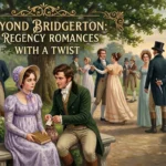 Illustration of a Regency romance garden party with couples strolling and dancing, title text 'Beyond Bridgerton: 5 Regency Romances with a Twist'
