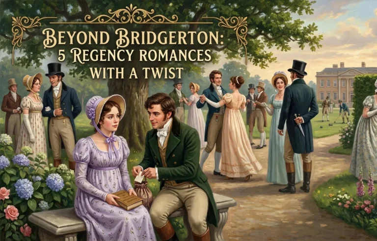 Illustration of a Regency romance garden party with couples strolling and dancing, title text 'Beyond Bridgerton: 5 Regency Romances with a Twist'
