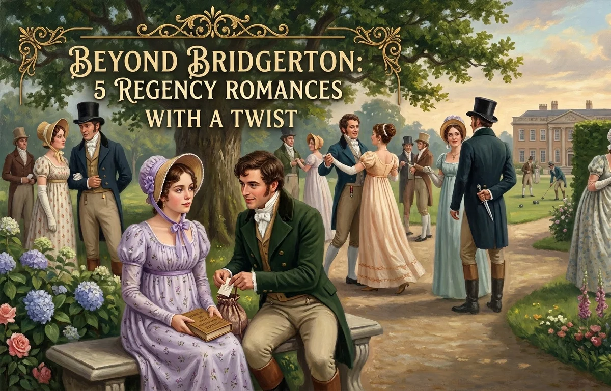 Illustration of a Regency romance garden party with couples strolling and dancing, title text 'Beyond Bridgerton: 5 Regency Romances with a Twist'