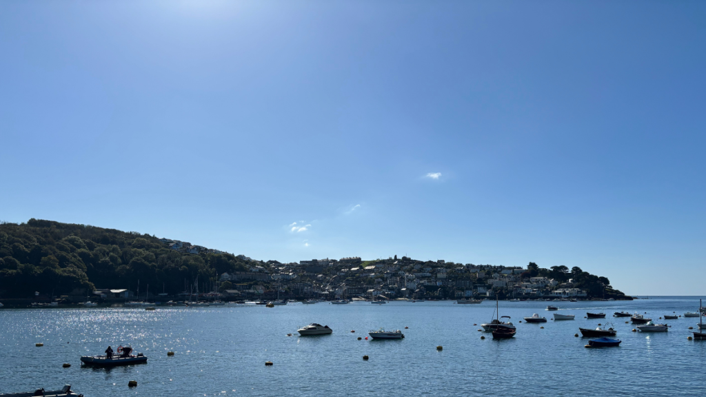 Fowey Harbour with boats moored.