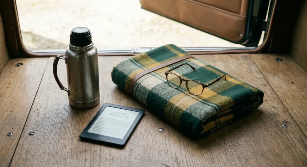 Blanket, flask and Kindle packed for an accessible reading retreat