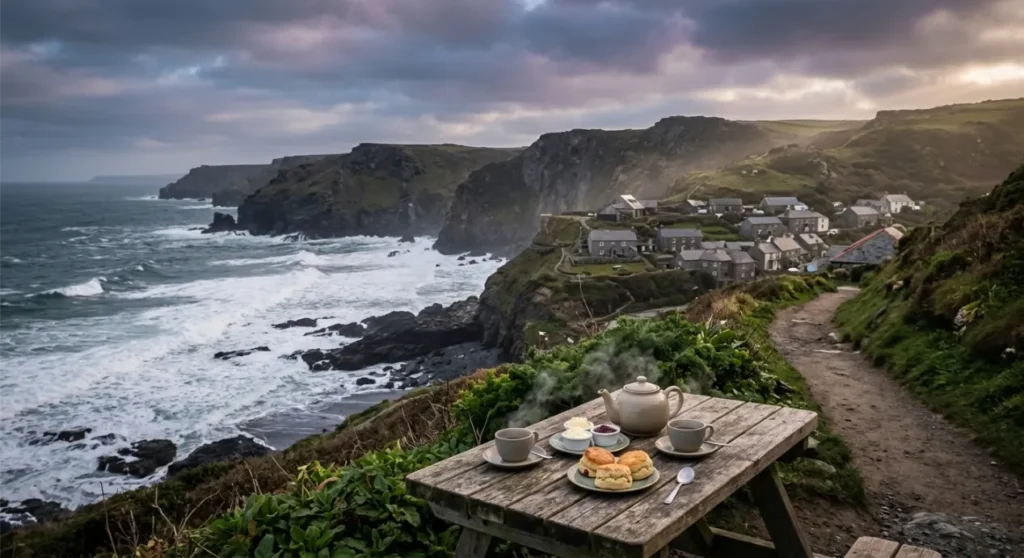 Cream tea garden overlooking the dramatic Tintagel Cornwall coastline